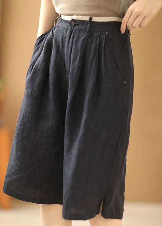 Weekend Discounts to Indulge In Vintage Navy Elastic Waist Pockets Linen Straight Pants Shorts Summer