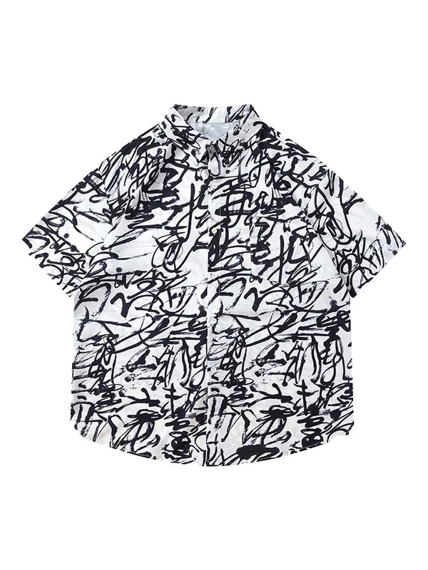 Thesupermade Graffiti Print Lapel Short Sleeve Shirt