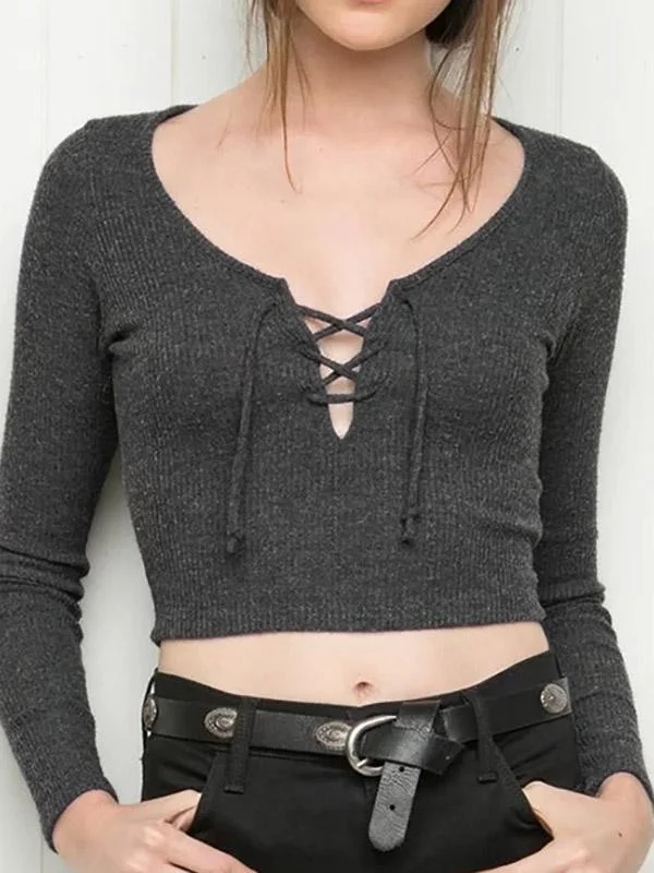 Super Sale Custom V-Neck Long Sleeve Lace-Up Fashion Top