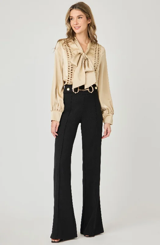 Crazy Savings Necktie Satin Blouse with embroidered cut-outs