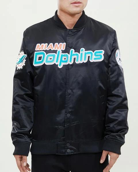 NFL MIAMI DOLPHINS WORDMARK MEN'S SATIN JACKET (BLACK)