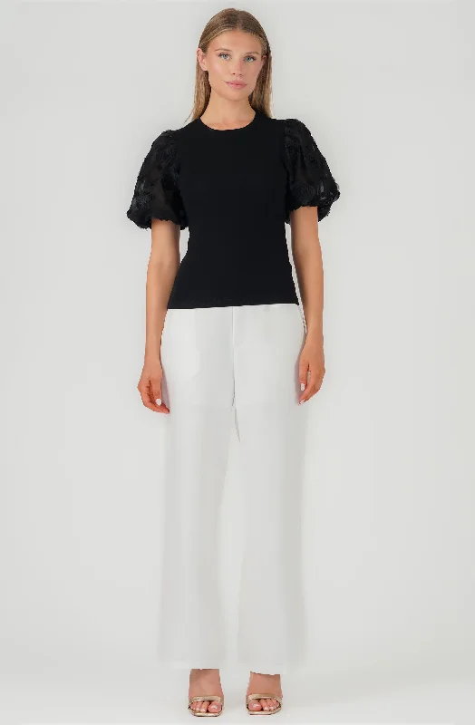 Amazing Value Knit Top with Flower Puff Sleeves