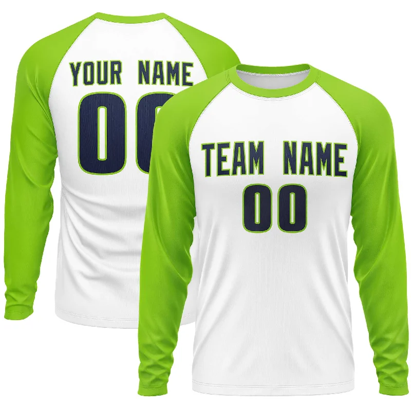 Custom White Neon Green Crew Neck Raglan Long Sleeve Performance T-Shirt