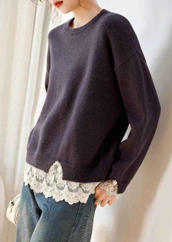 Deep Discounts Women Deep Purple Lace Patchwork Cotton Knit Sweaters Fall