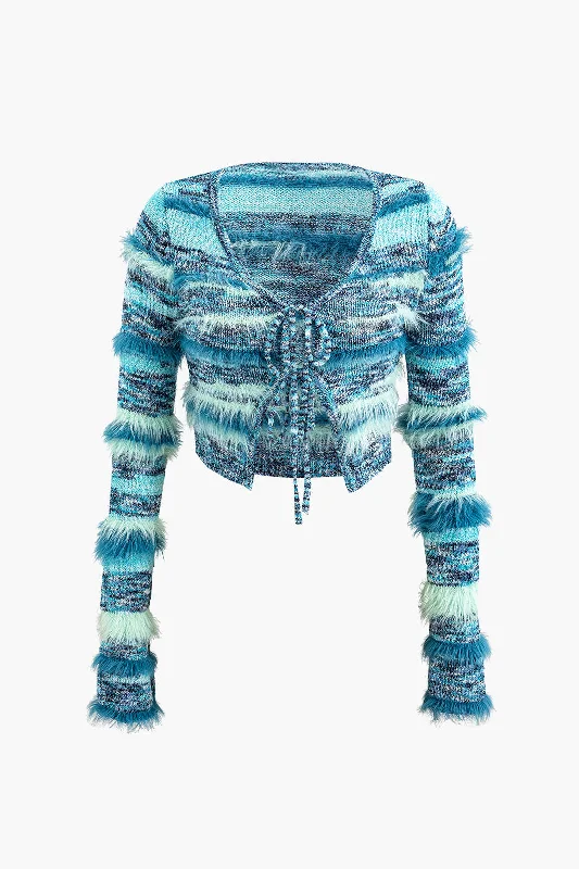 Closeout Deal Stripe Feather Detail Tie Front Long Sleeve Knit Cardigan