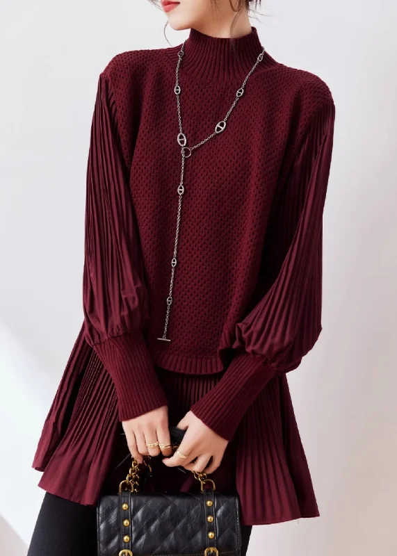Don't Miss Out 2023 New Wine Red Half High Neck Knitted Spliced Fake Two Piece Sweater Winter