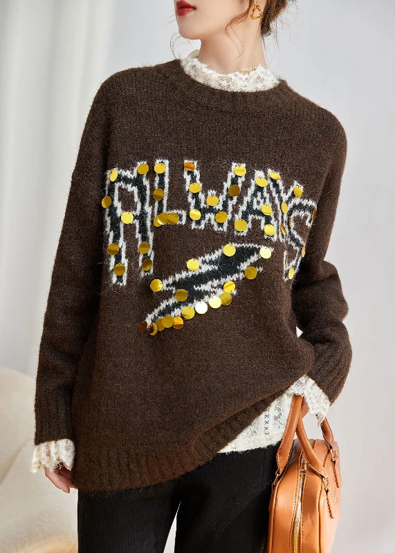 Early Access Novelty Coffee Graphic Sequins Thick Cotton Knit Sweaters Winter