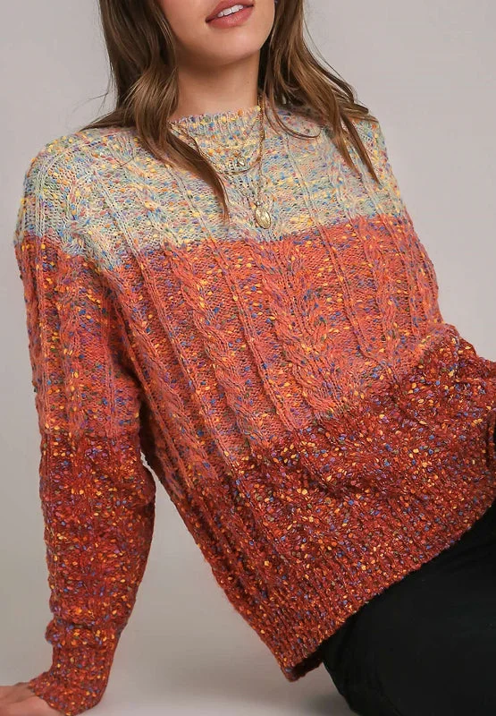Mega Sale Cable-Knit Color Block Round Neck Long Sleeve Sweater
