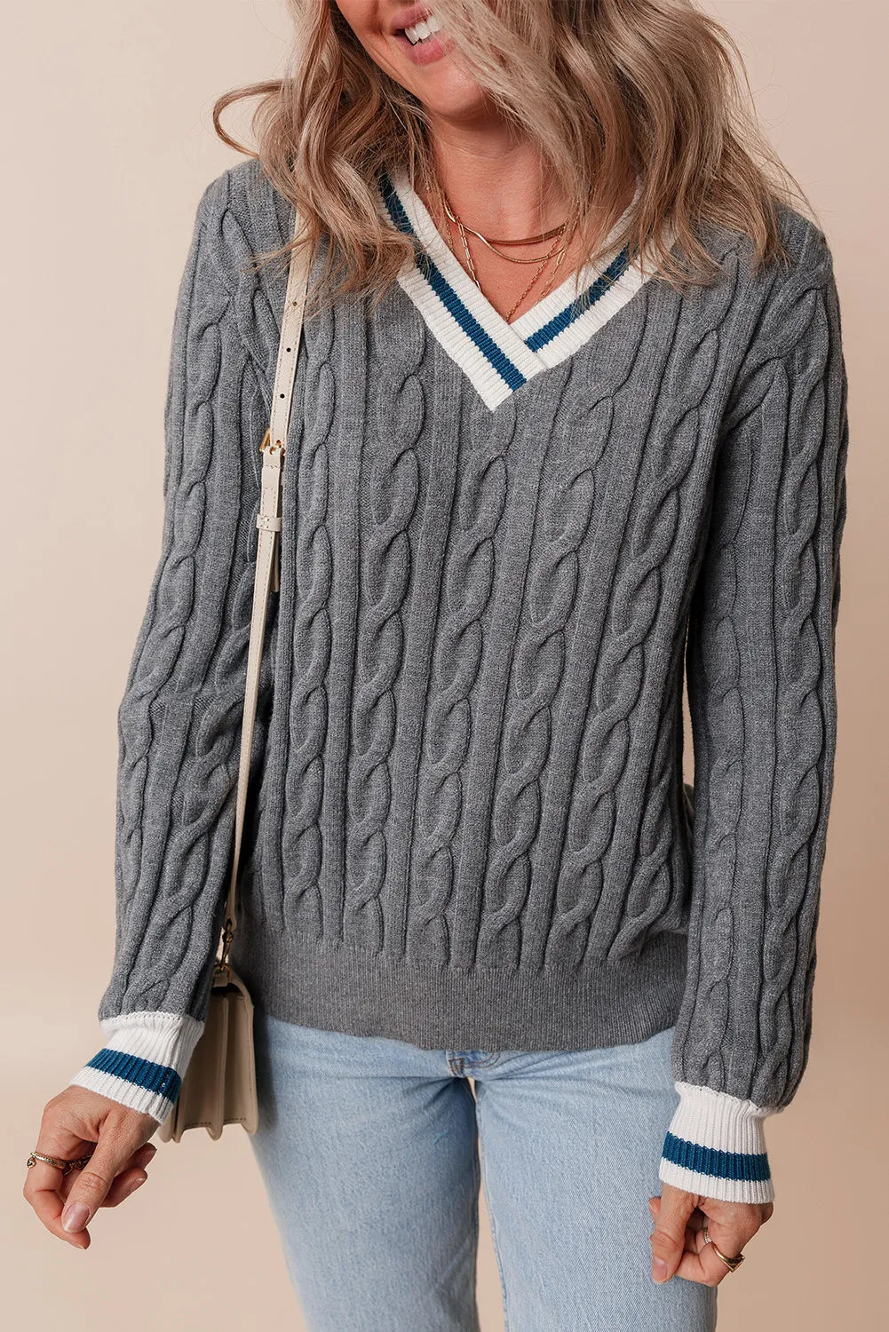Quick Sale Cable-Knit V-Neck Long Sleeve Sweater