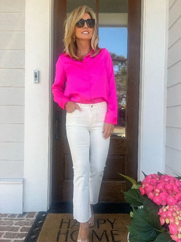 Stock Up Leanna Long Sleeve Satin Blouse | Hot Pink