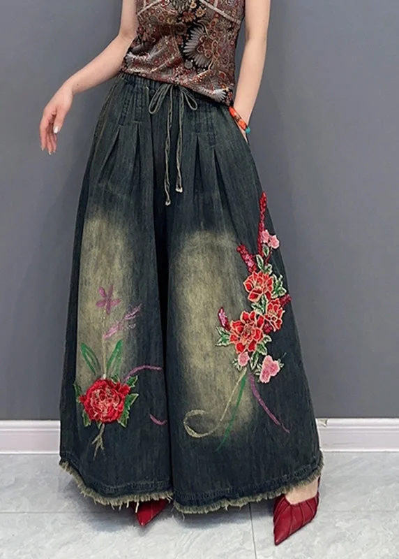 Weekend Deals You Can't Resist Vintage Navy Embroideried Tie Waist Pockets Wide Leg Denim Pants