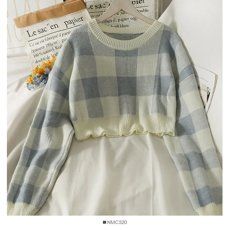 Special Savings Korean color blocking Plaid round neck long sleeve Pullover short sweater 1968 Special Savings Korean color blocking Plaid round neck long sleeve Pullover short sweater 1968