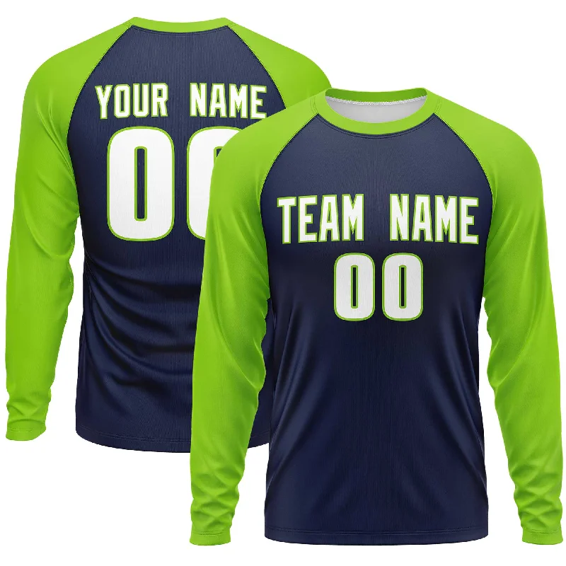 Custom Navy Neon Green Crew Neck Raglan Long Sleeve Performance T-Shirt