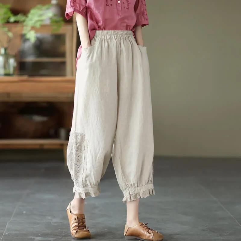 Deep Savings Women Casual Lace Decoration Pocket Linen Pants