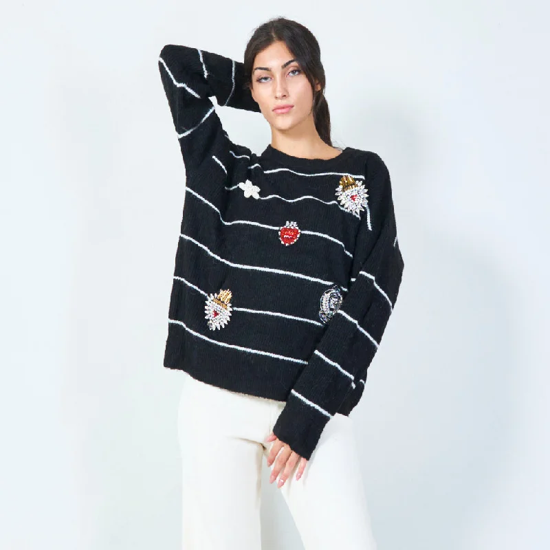 Weekend Specials to Enjoy Cozy knit sweater with floral appliqués wholesale