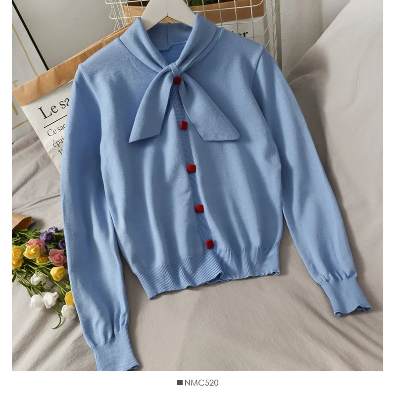 Weekend Deal Sweet and versatile bow stand collar single breasted Pullover Sweater  2026
