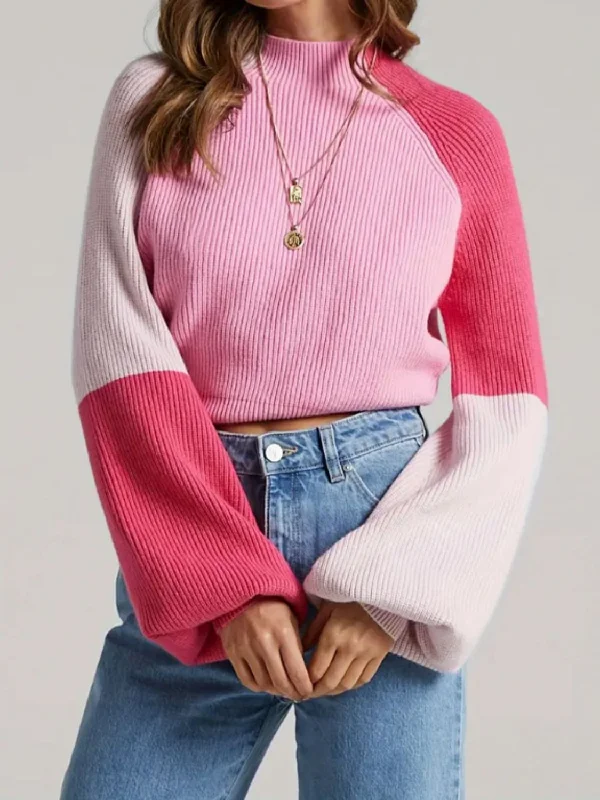 Cash Savings Contrast Mock Neck Long Sleeve Sweater