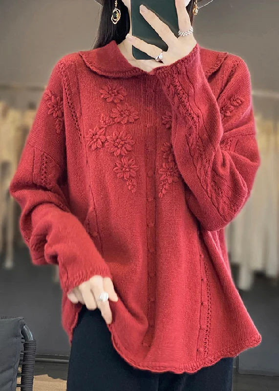 Weekend Offers That Impress Red Ruffled Patchwork Wool Sweaters Peter Pan Collar Long Sleeve