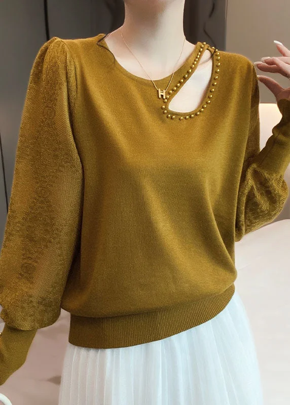 Markdowns Unique Earth Yellow Hollow Out Nail Bead Wool Knit Top Long Sleeve