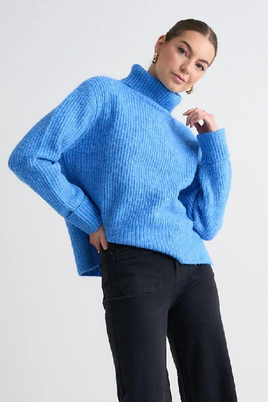 Deep Discounts Penelope Azure Blue Roll Neck Knit Jumper