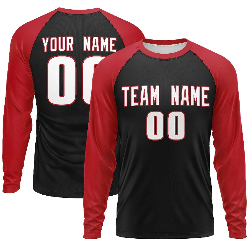 Custom Black Red Crew Neck Raglan Long Sleeve Performance T-Shirt