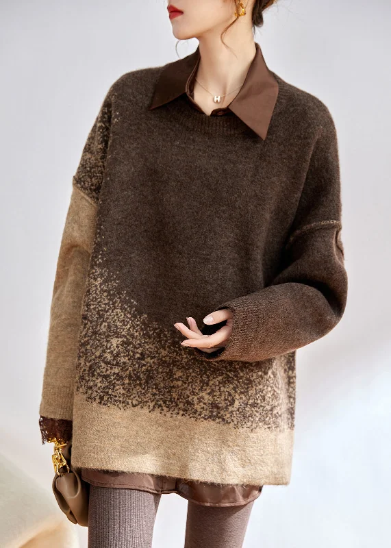 Shop and Save Loose Coffee O Neck Patchwork Cozy Cotton Knit Top Winter