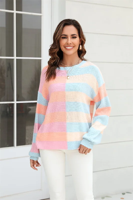 Price Cut Round Neck Long Sleeve Color Block Dropped Shoulder Pullover Sweater