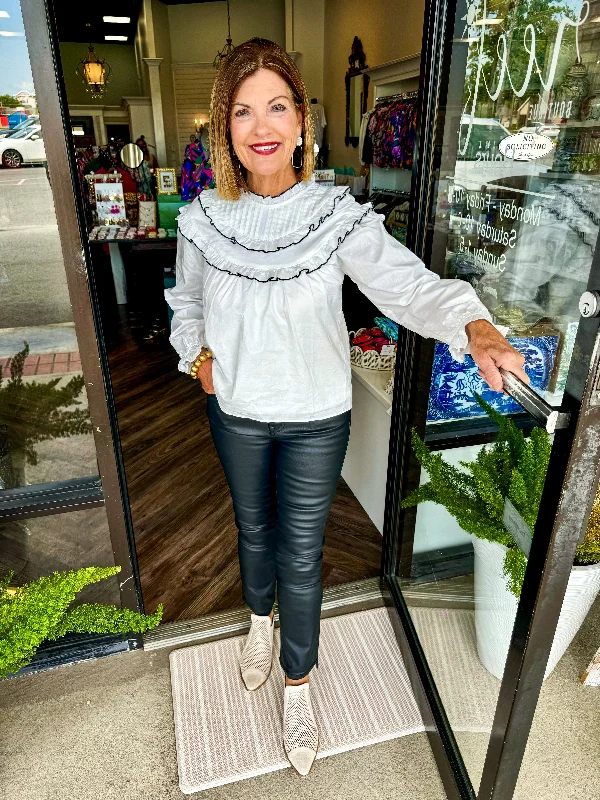 Special Buy Ruffle Trim Long Sleeve Blouse: White