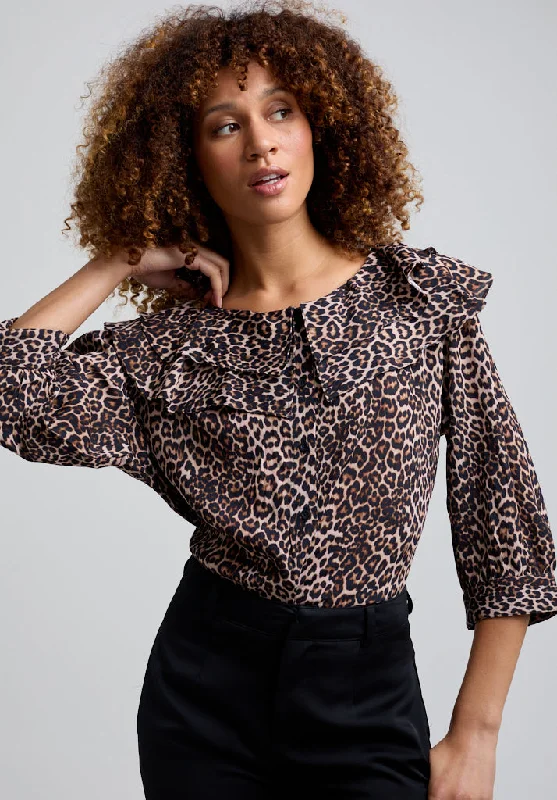 Value Deals Keira Split Collar Big Cat Print Blouse In Brown
