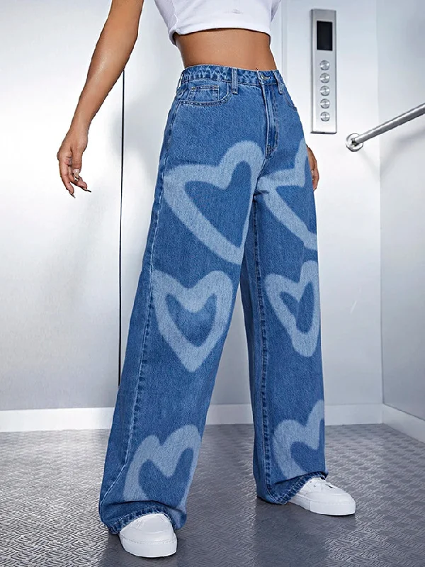 Weekend Shopping Extravaganza Urban Heart Shape Printed Wide Leg Denim Pants