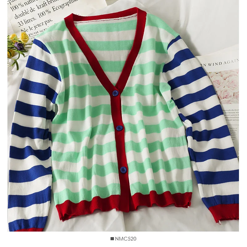 Savings Galore Contrast stitched striped single breasted V-neck T-shirt women's  2029