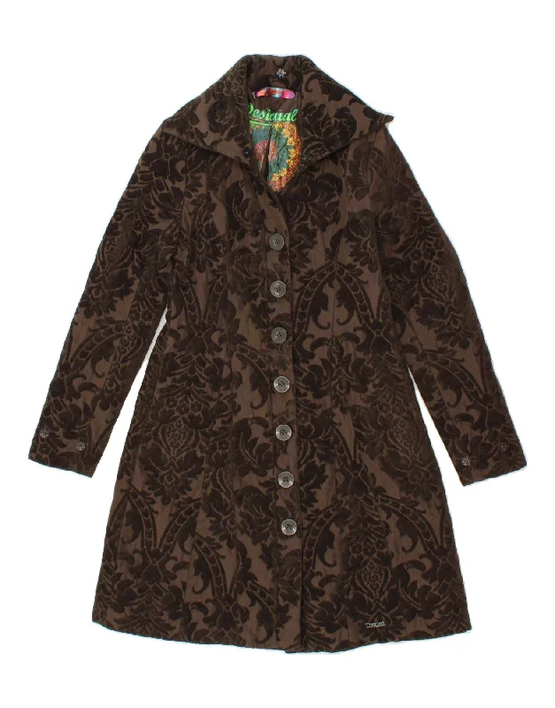 Value Pack DESIGUAL Womens Abstract Pattern Overcoat EU 38 Medium Brown Polyester