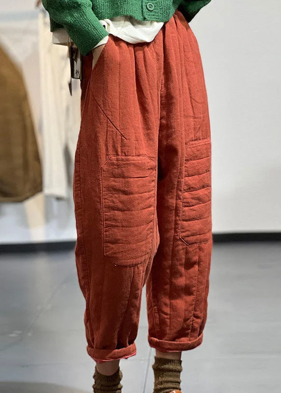 Deal of the Day Vintage Orange Elastic Waist Patchwork Applique Fine Cotton Filled Harem Pants Winter