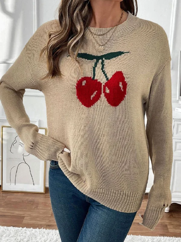 Weekend Bargains to Grab Cherry Round Neck Long Sleeve Sweater