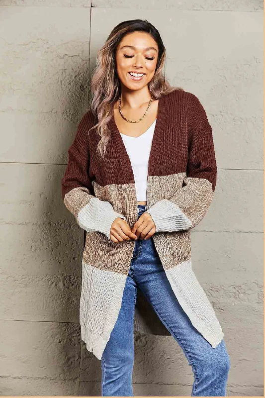 Huge Savings Perfee Woven Right Color Block Open Front Rib-Knit Longline Cardigan