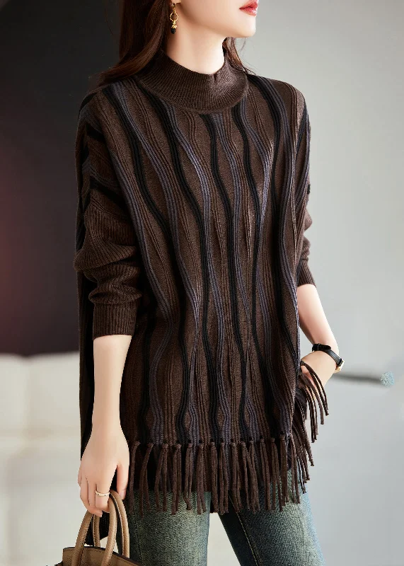 Value Deals Loose Cozy Black Coffee Tasseled Thick Knit Sweaters Winter