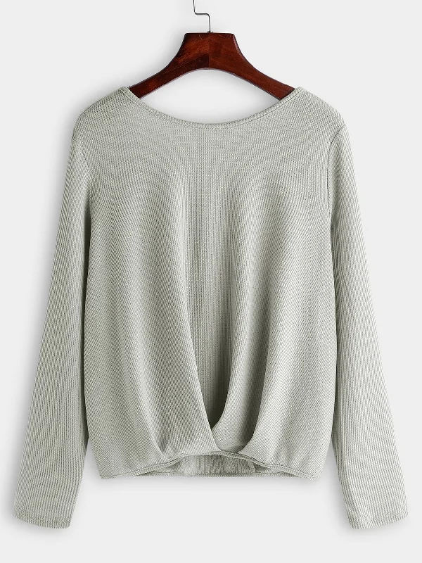 Fantastic Offers Custom Round Neck Plain Backless Pleated Long Sleeve Grey T-Shirts
