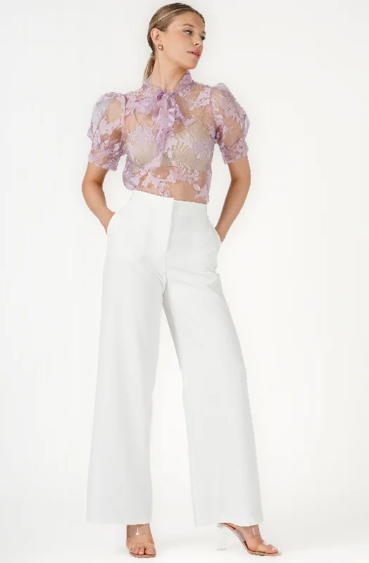 New Markdowns Sheer Organza Blouse with Necktie
