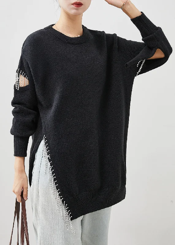 Weekend Discounts to Delight Art Black Tasseled Hollow Out Side Open Knit Top Winter