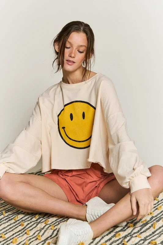 Exclusive Offer Smiley Face Long Sleeve Crop Top | Available in 4 Colors