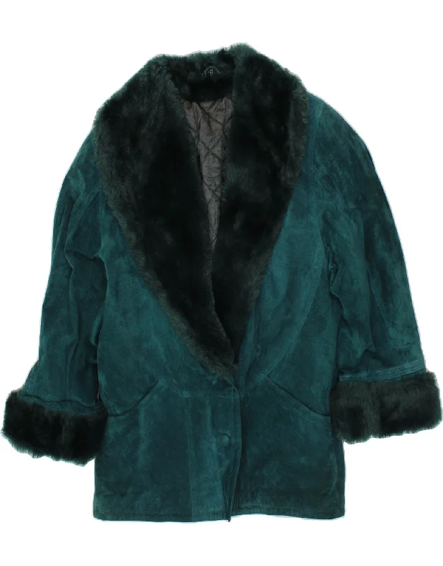 Hurry In VINTAGE Womens Suede Overcoat UK 12 Medium Turquoise