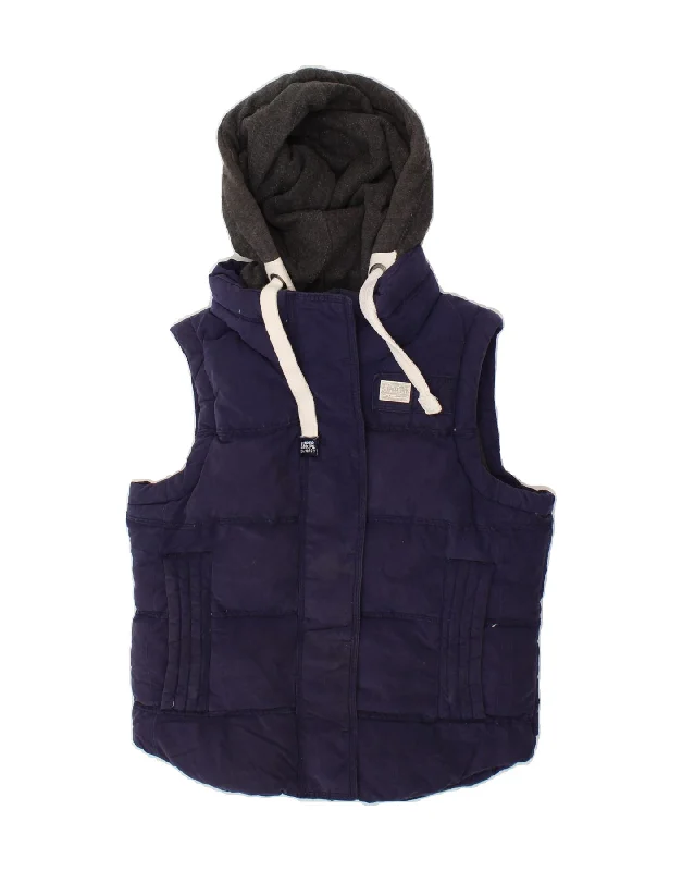 Last Chance SUPERDRY Womens Hooded Padded Gilet UK 6 XS Navy Blue Cotton