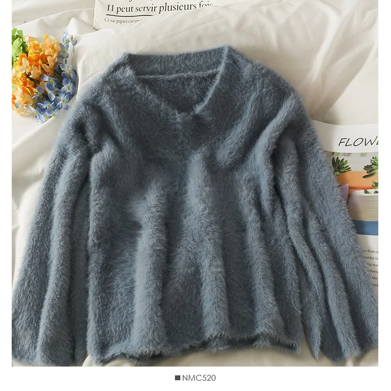 Weekend Specials to Indulge In Plush loose thin V-Neck Sweater Korean versatile long sleeve Pullover Top  1995