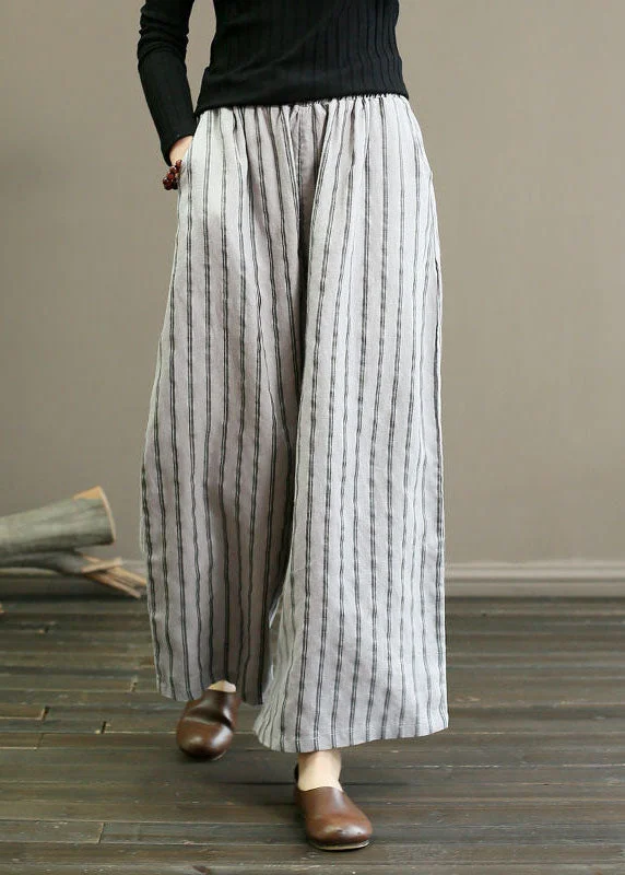 Unwind with Weekend Discounts Unique Light Grey Elastic Waist Oversized Striped Linen Pants Trousers Unwind with Weekend Discounts Unique Light Grey Elastic Waist Oversized Striped Linen Pants Trousers
