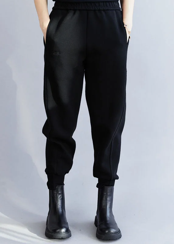 Great Deals Stylish Black Elastic Waist Fish Embroideried Warm Fleece Beam Pants Winter