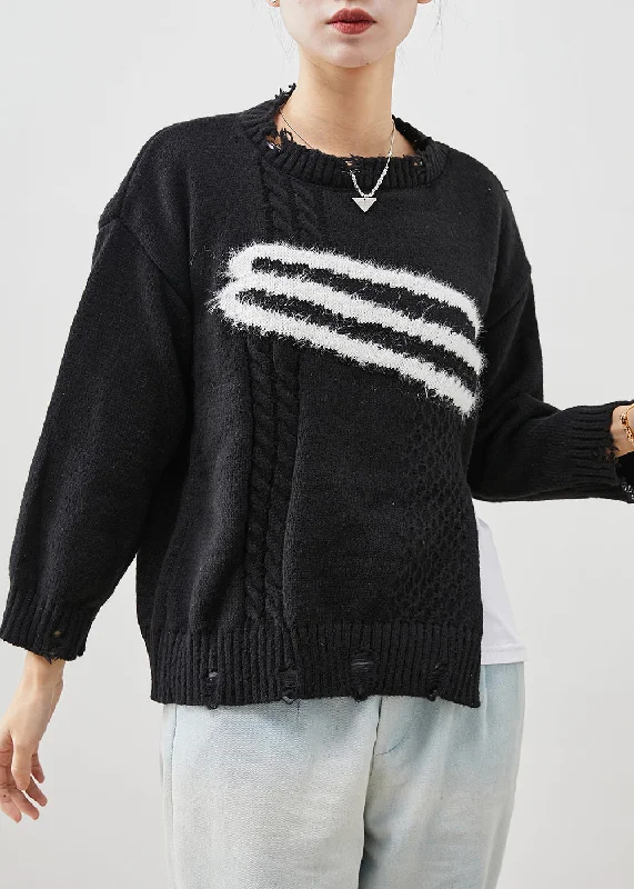 Weekend Savings Delight Casual Black Side Open Knit Ripped Sweaters Winter