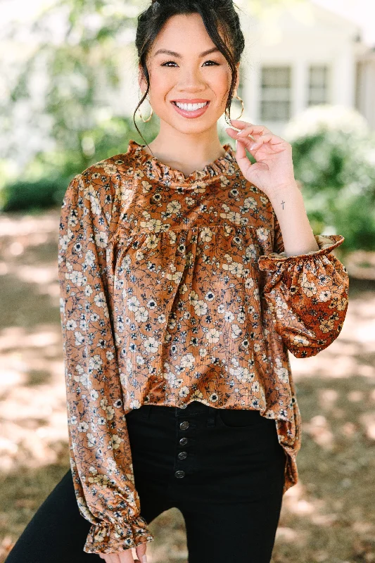 Markdown Sale Now You Know Camel Brown Floral Blouse