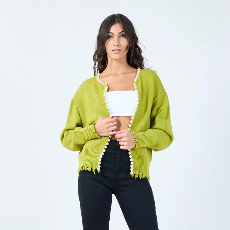 Don’t Miss Out Pearl-trimmed cardigan with distressed edges wholesale
