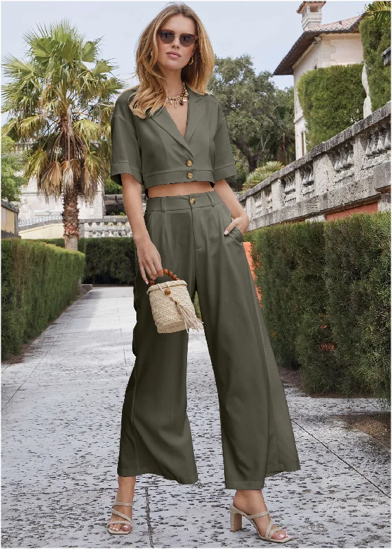 Weekend Discounts to Enjoy Flare Leg Suiting Set - Olive