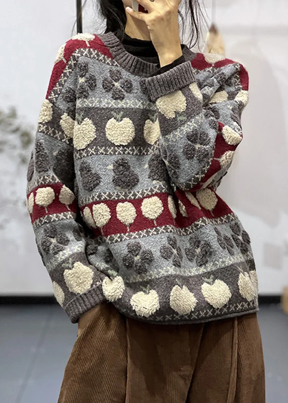 Celebrate the Weekend with Discounts Floral Grey O Neck Patchwork Cozy Cotton Knit Sweaters Long Sleeve